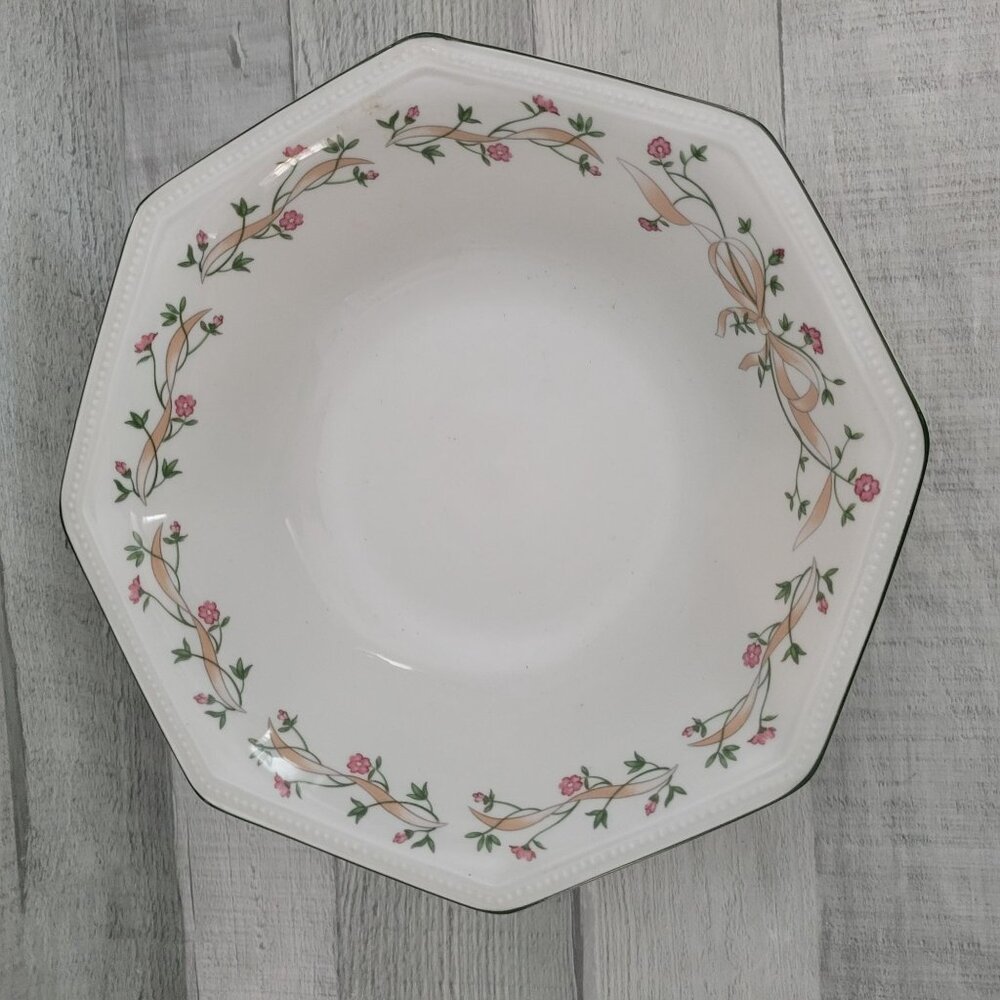 Johnson Bros England Octagonal Soup Bowl With Floral Garland Pattern & Green Rim
